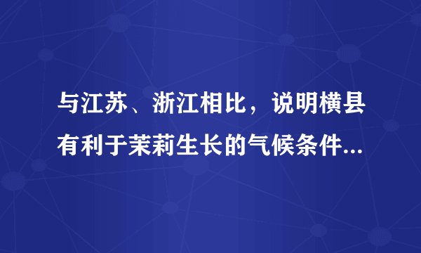 与江苏、浙江相比，说明横县有利于茉莉生长的气候条件。横县地形以河流冲积平原为主，茉莉主要种植在平原地势较高的旱地上。试解释冲积平原地势较高的旱地有利于茉莉种植的原因。目前横县县城集聚了100多家茉莉花茶厂。分析横县县城集聚众多茉莉花茶厂的原因。请在下列两个问题中，选择其中一个问题作答。如果多做，则按所做的第一个问题计分。问题①：说明横县茉莉花茶产业的发展经验对我国一些贫困县脱贫致富的启示。问题②：为以茉莉种植为基础的横县经济进一步发展提出建议。
