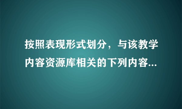 按照表现形式划分，与该教学内容资源库相关的下列内容分别属于什么类型的资源?请作选择回答。①教学文案属于（　）类资源;②英语听力材料属于（　）类资源;③教学实录属于（　）类资源;④初中数学产品包属于（　）类资源;⑤教育理论资料属于（　）类资源。A.复合数字对象B.视C.音频D.文本E.图像