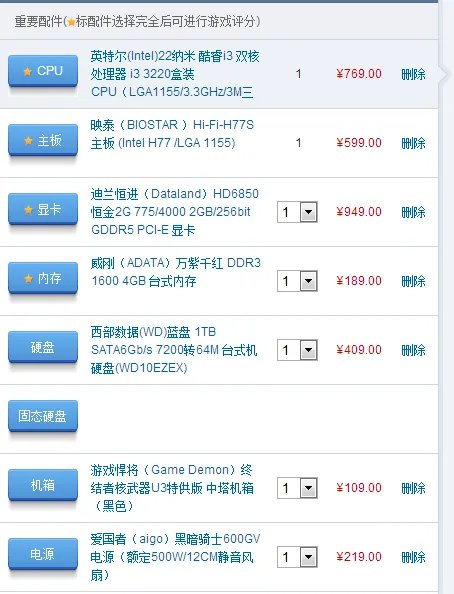 2013年电脑配置推荐。主玩大型3D游戏。